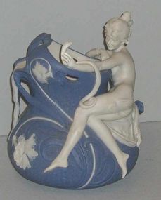 Art Nouveau Jasperware Type Amphora Vase w/Lady Reclining on Side Holder Serpent