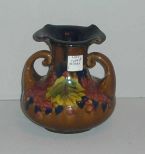 Rare Multi Colored Leaf Decorated Flared Top Double Handle Vase Made In Japan