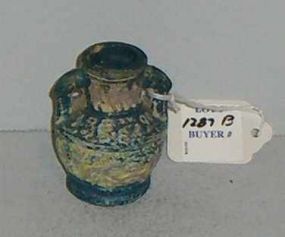Miniature Double Handled Pottery Jug, Crude Figural Decorated