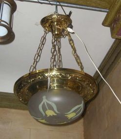 Brass Chandelier with Frosted Shade and Painted Tulip Flowers