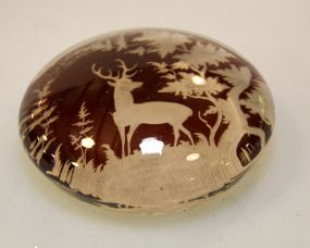 Large Etched Paperweight of Deer and Tree Bohemian Glass