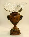 Faux Painted Metal Urn With Large Pressed Glass Bowl