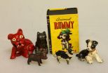 Five Small Iron Figures & Rummy Dog Cards