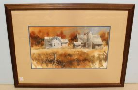 Watercolor of Farmhouse and Barn Signed Borden