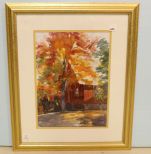 Watercolor of Country Red House Signed Esther Wilson