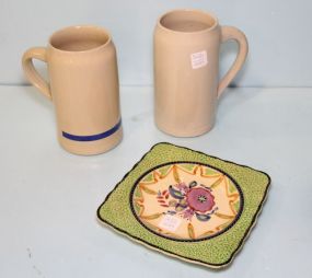Two German Pottery Beer Mugs & English Square Hand Painted Plate