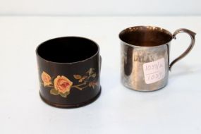 Black Painted Floral Trinket Holder & Silverplate Baby Cup