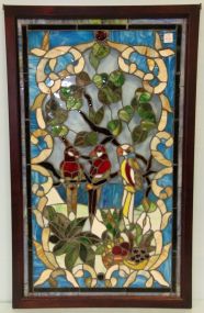 Multi Colored Stained Glass Window with Parrots in Wood Frame