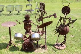 Unusual Handmade Iron Three Piece Yard Statue Band Set