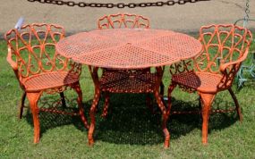 Orange Aluminum Patio Table & Three Arm Chairs