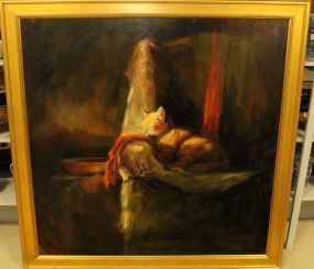 Large Oil Painting of Cat in Water Gilt Frame