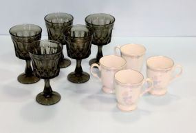 Set of Five Green Glasses & Four Porcelain Mugs