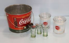 Coke Tin Bucket with Three Small Glasses & Candle Holders