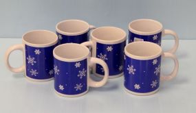 Six Blue Mugs with White Snowflakes