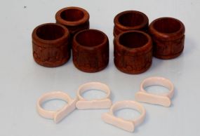 Six Wood Carved Napkin Rings & Four Porcelain Napkin Rings
