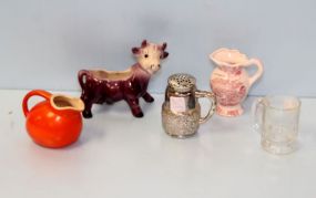 Two Creamers, Cow Dish, Clear Mug & Silverplate Shaker