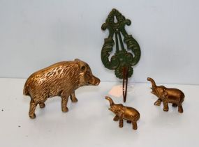 Brass Hog, Two Brass Elephants & Wall Hook