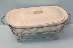 White Covered Casserole & Metal Stand