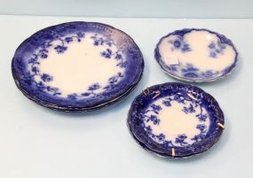 Three Flow Blue Salad Plates & Three Flow Blue Saucers