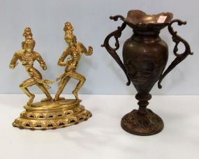 Metal Loving Cup with Bird Motif & Brass Tibetan Sculpture 