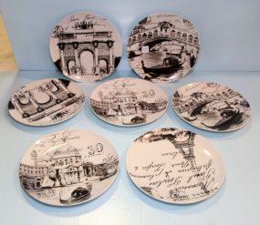 Set of Seven Black and White Dinner Plates