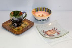 Hand Painted Big Daddy Pottery Mug, Bowl & Two Square Dishes