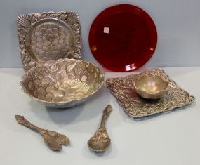Two Pewter Square Trays, Salad Bowl Set & Red Plastic Tray