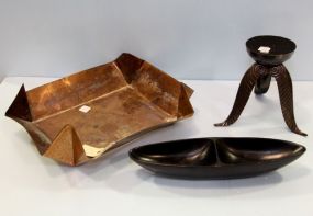 Copper Tray, Divided Wood Dish & Stand