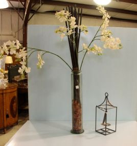 Tall Round Vase with Bamboo and Flowers and Metal Lantern Candleholder