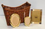 Wicker Basket with Cordless Telephones & Three Brass Picture Frames