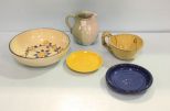 Pottery Bowl, Two Saucers, Pitcher & Bowl