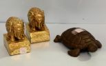 Two Gold Elephant Figurines & Cast Iron Turtle 