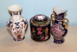 Oriental Tin Covered Jar & Two Vases 