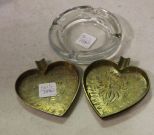 Three Brass Heart Trays & Ashtray 