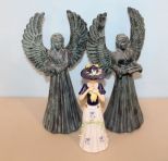 Two Ceramic Angels & Porcelain Lady Figurine 
