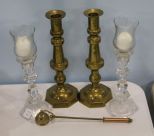 Pair of Brass Candlesticks, Pair of Glass Candlesticks & Snuffer
