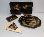 Four Oriental Serving Trays & Fan 