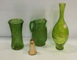 Green Glass Vases, Pitcher, and Salt Shaker