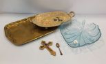Brass Tray, Footed Tray, Leaf Bowl & Cross