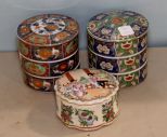 Porcelain Oriental Covered Jar & Two Oriental Stack Dishes 