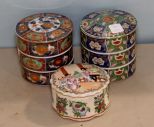 Porcelain Oriental Covered Jar & Two Oriental Stack Dishes