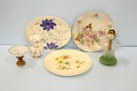 Three Decorative Platters, Glass Lantern, Fenton Style Vase, and Compote