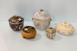 Blue and White Cover Jar, Blue and Gold Covered Jar, Porcelain Handled Dish, Oriental Vase and Hand Carved Planter