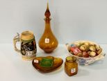 Beer Stein, Amber Glass Decanter, Clear Glass Bowls, 