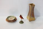 Four Oriental Plates, Art Pottery Vase, and Bird Flute