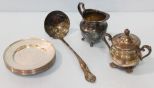 Midsilcraf Eight Silverplate Plates, Ladle Orion Rose Silverplate Sugar, Silverplate Creamer