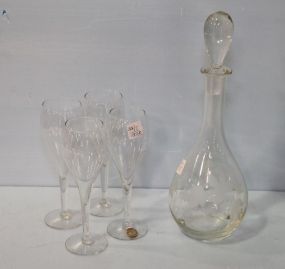 Paper Label Mexican Glass Decanter & Four Glasses