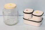 Three Black and White Enamel Containers & Large Glass Jar