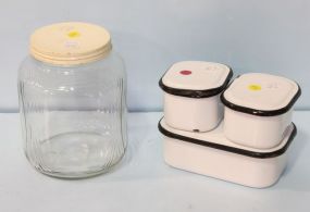 Three Black and White Enamel Containers & Large Glass Jar