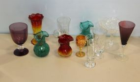 Eleven Various Pieces of Colored Glass & Small Etched Compote 